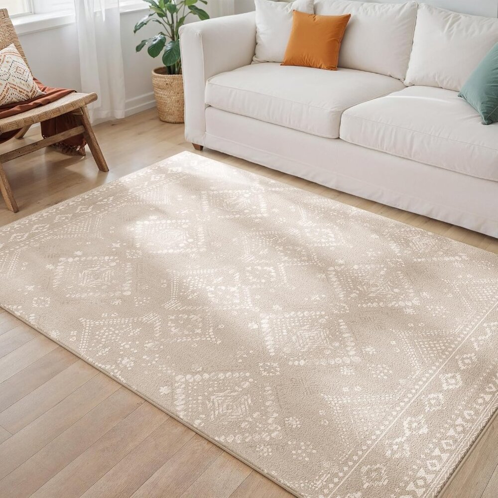 New 5x7 Cappuccino Beige Area Rug, Washable Non-Slip Carpet for Living Room